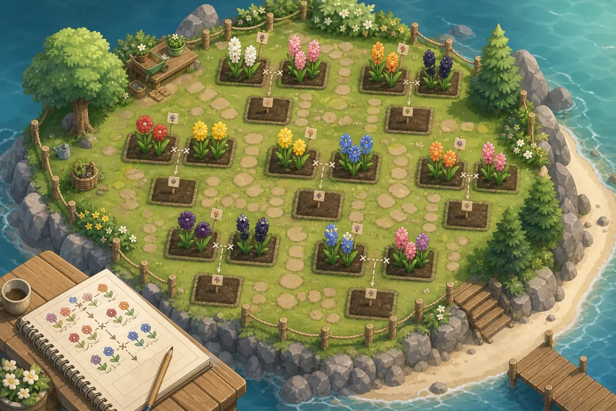 Illustrative island garden plan for ACNH flower breeding with parent flower beds, spawn spaces, and walking paths