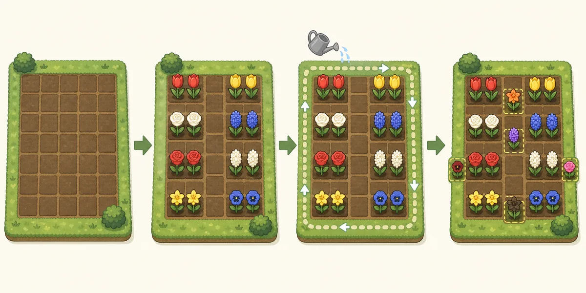 Four-step illustrative ACNH flower breeding layout showing empty tiles, parent pairs, watering path, and hybrid spawn spaces