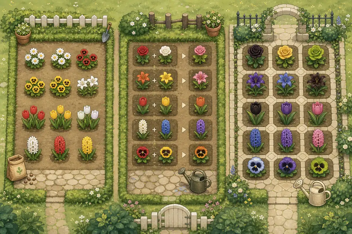 Illustrative hybrid flower planning chart with starter flowers, first hybrids, and rare goal flower beds