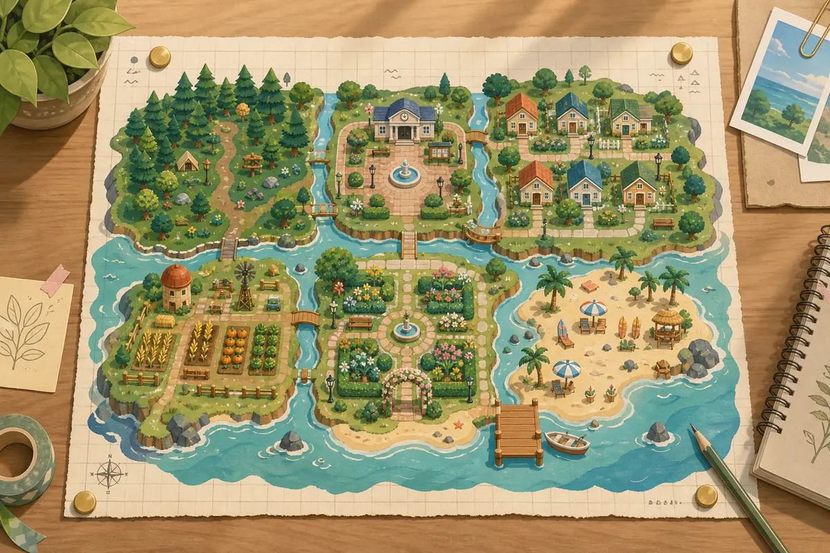 Editorial ACNH island ideas planning map with forest, town, beach, farm, garden, and neighborhood zones