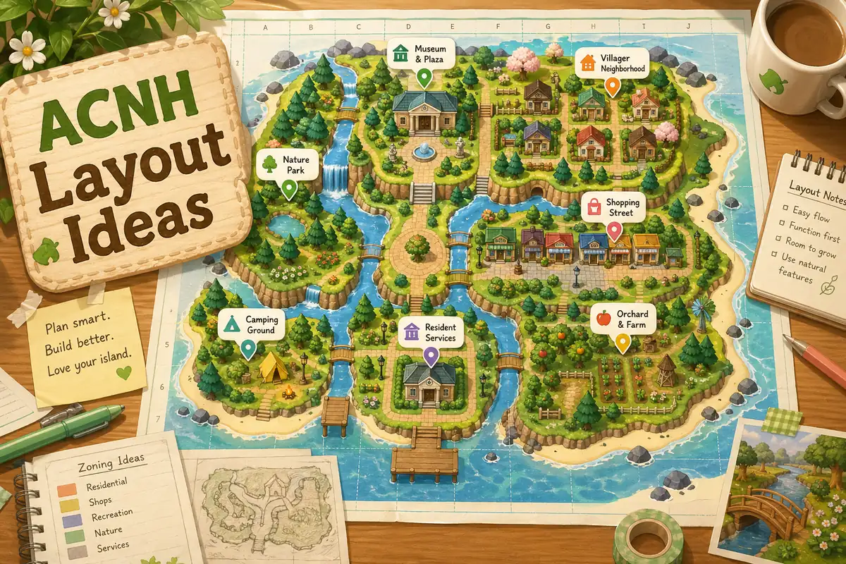 Mapa visto de cima com ideias de layout de ilha ACNH e zonas para casas, lojas, museu, parque natural, acampamento e fazenda