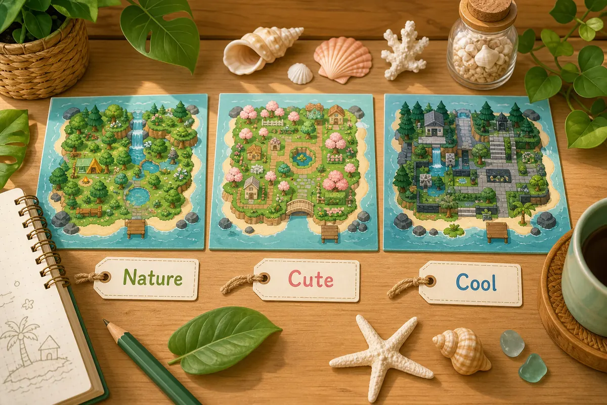 Three Animal Crossing island name themes shown as Nature, Cute, and Cool planning cards