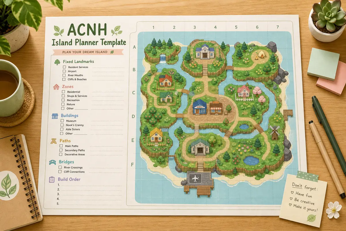 ACNH island planner template worksheet with island zones, building checklist, paths, bridges, and inclines