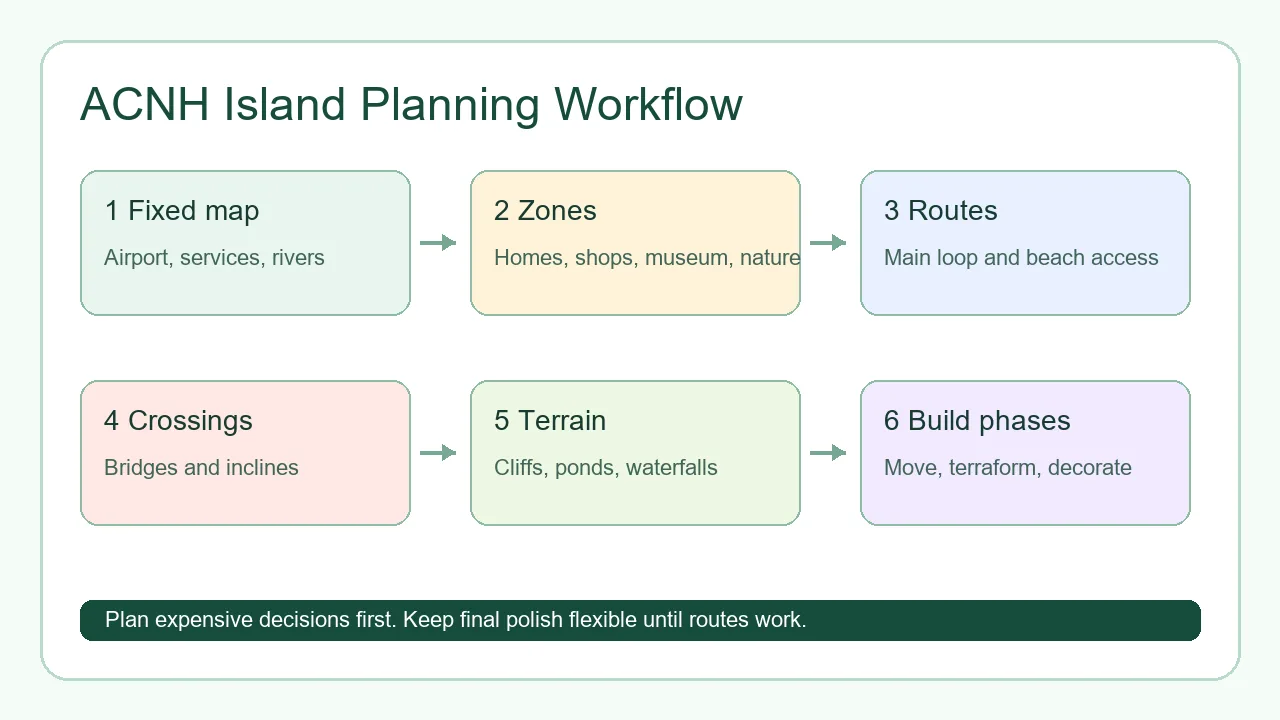 ACNH island planning workflow map with airport route, Resident Services, neighborhoods, shops, museum, rivers, bridges, and build phases