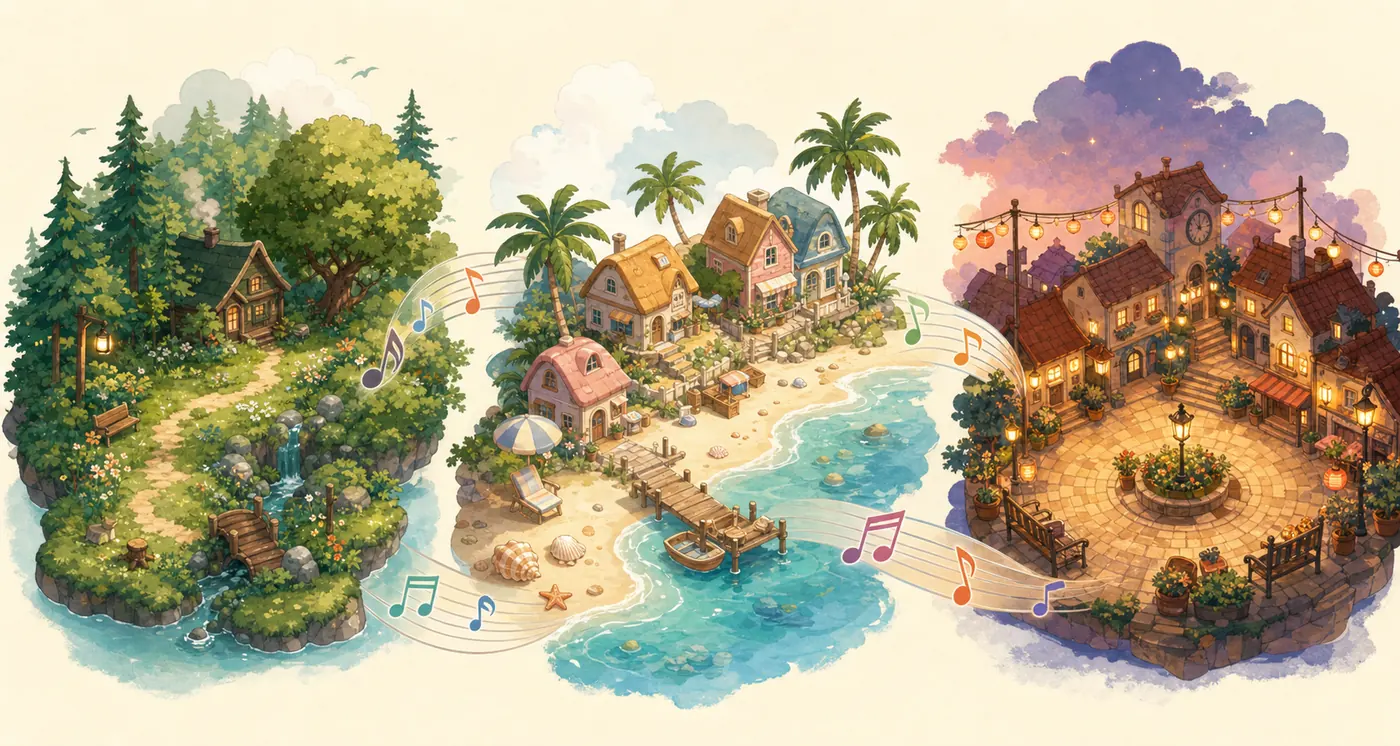 Redaktionelle Illustration von Wald-, Strand- und Stadtinseln mit Musiknoten