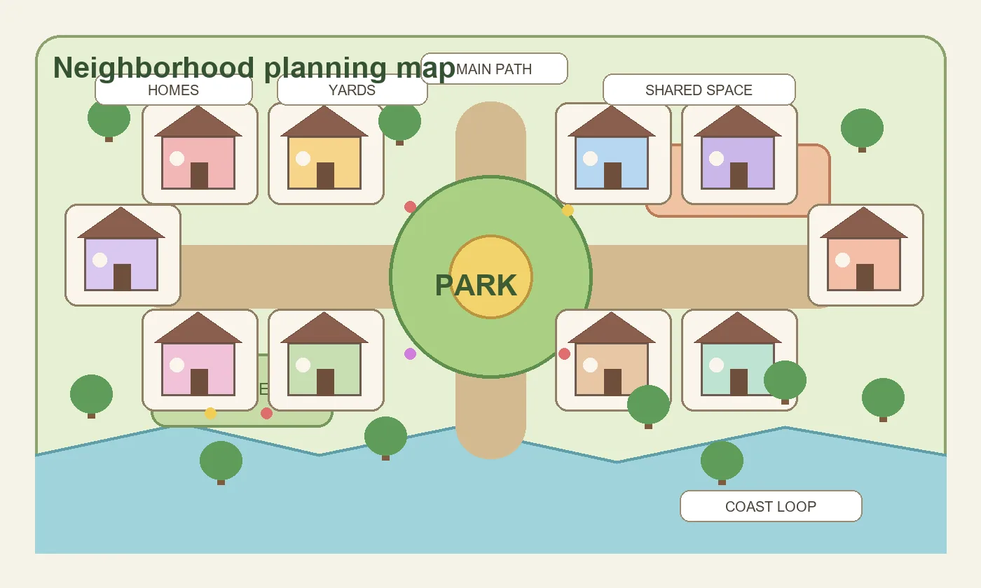 Top-down ACNH neighborhood layout diagram with villager homes, paths, yards, plaza, garden, and shared park zones