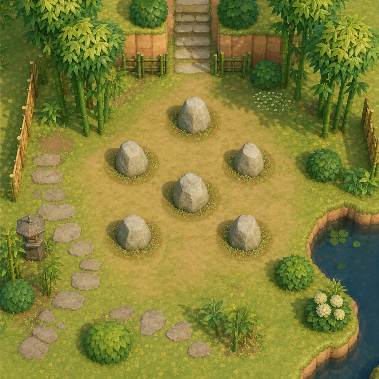 Ilustração não oficial de jardim de pedras ACNH com seis pedras, bambu e caminhos