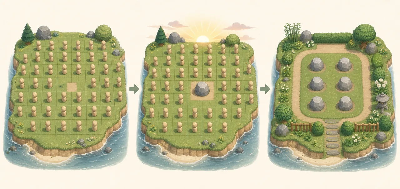 Ilustração não oficial do bloqueio do terreno até o jardim ACNH pronto com seis pedras