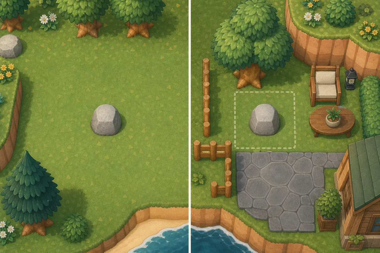 Ilustração não oficial comparando uma área livre para pedra ACNH e outra bloqueada por árvores, penhasco e móveis