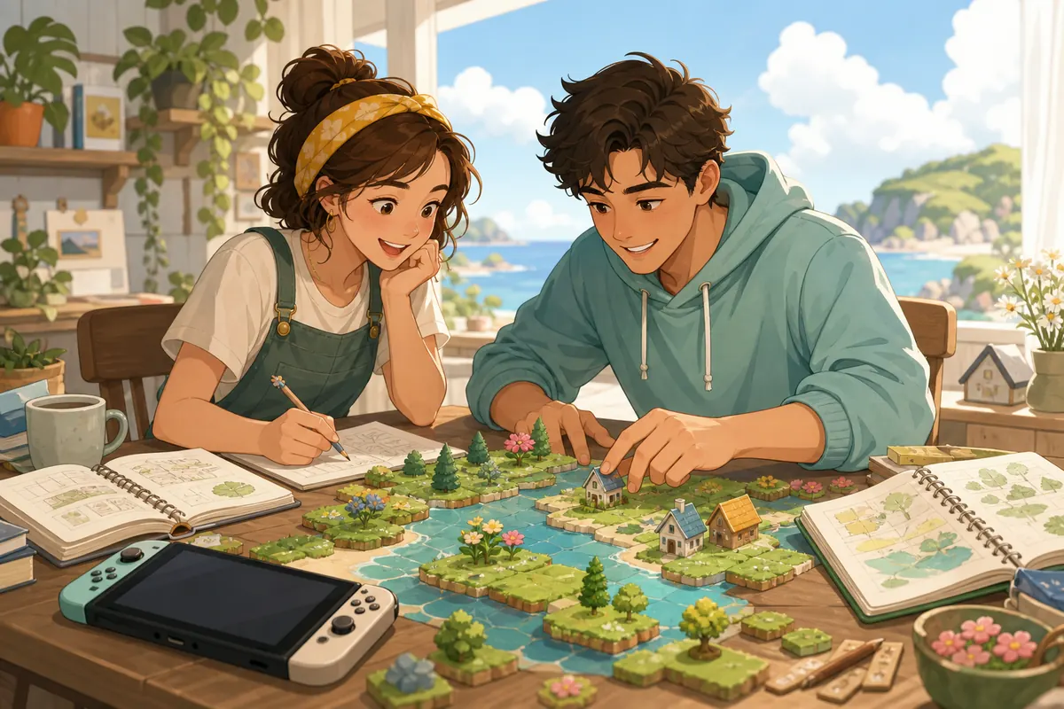 Editorial concept image of two players planning an ACNH Slumber Island together with map tiles and island notes