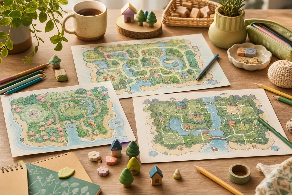 Editorial ACNH Slumber Island planning scene with three dream island map sketches and terrain planning tools