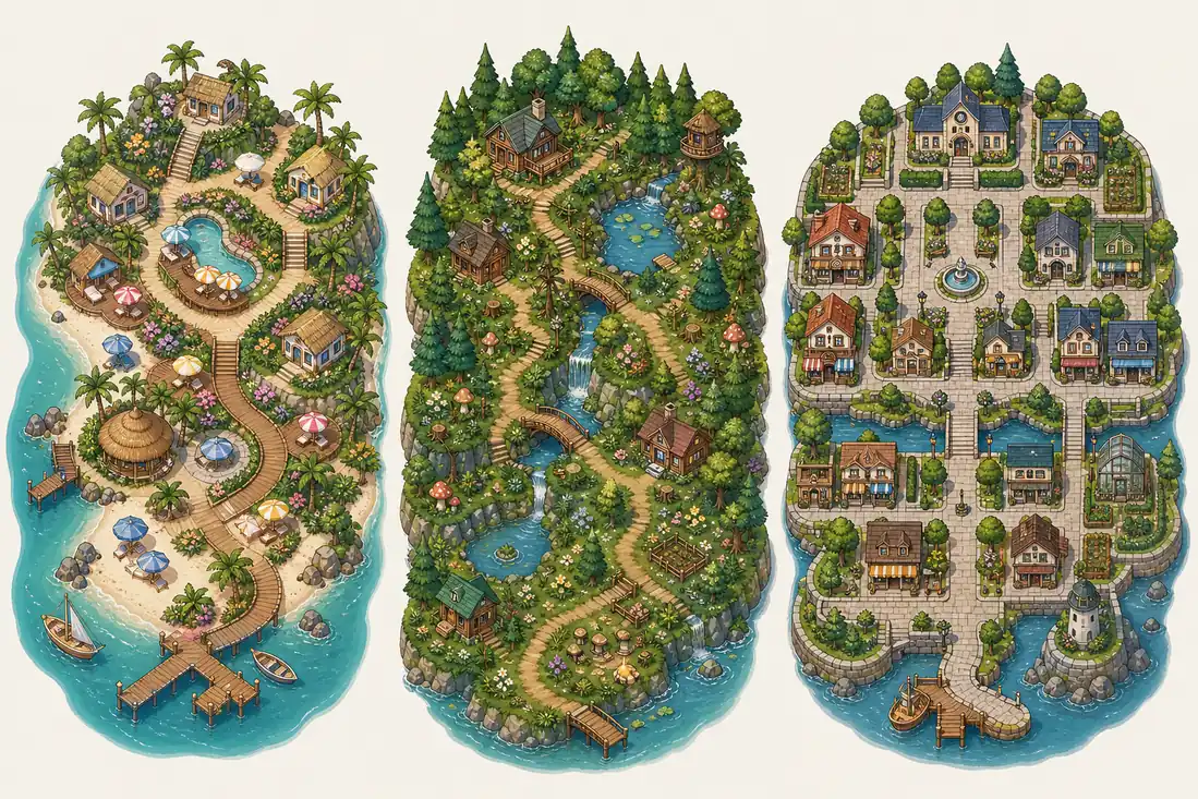 Three illustrated ACNH Slumber Island concept maps for resort, forest, and town design directions