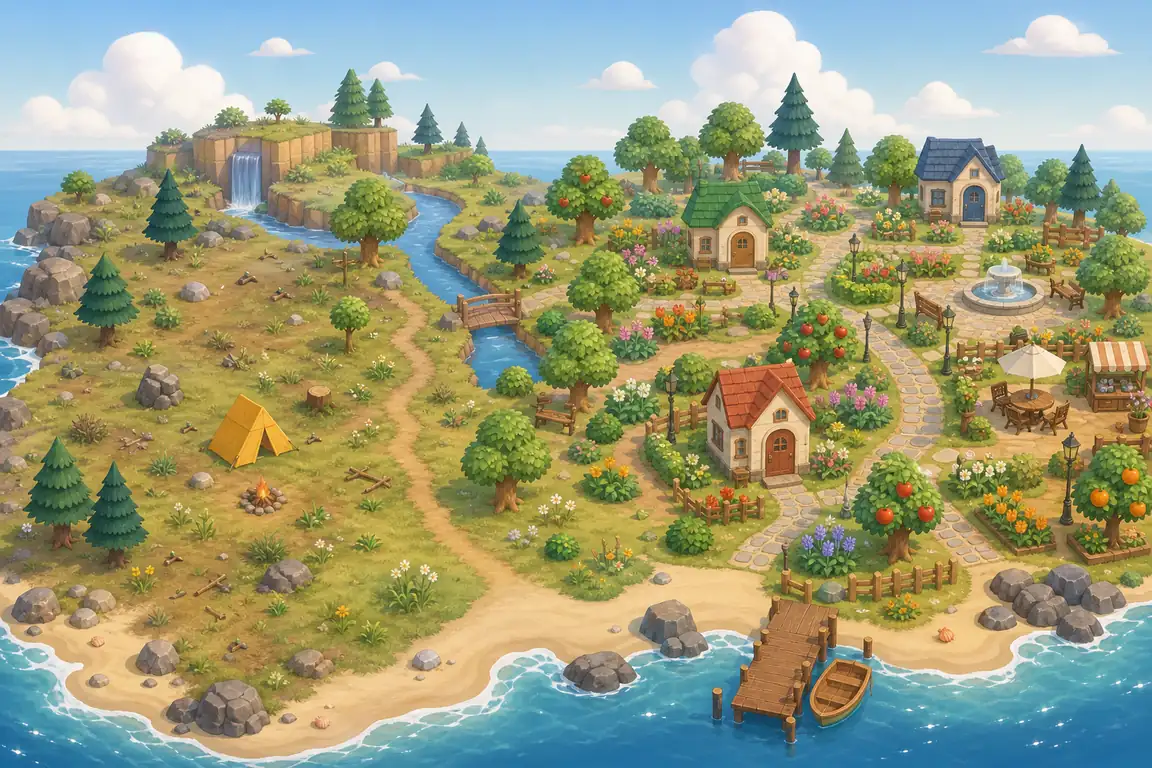 Ilustración conceptual que compara una isla vacía con una isla ACNH organizada para alcanzar 3 estrellas
