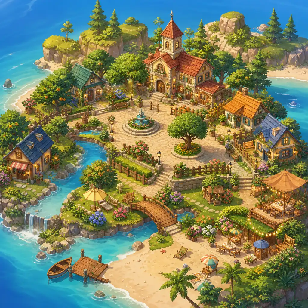 Ilustración conceptual de una isla ACNH ordenada con casas, caminos, flores, árboles y muebles exteriores