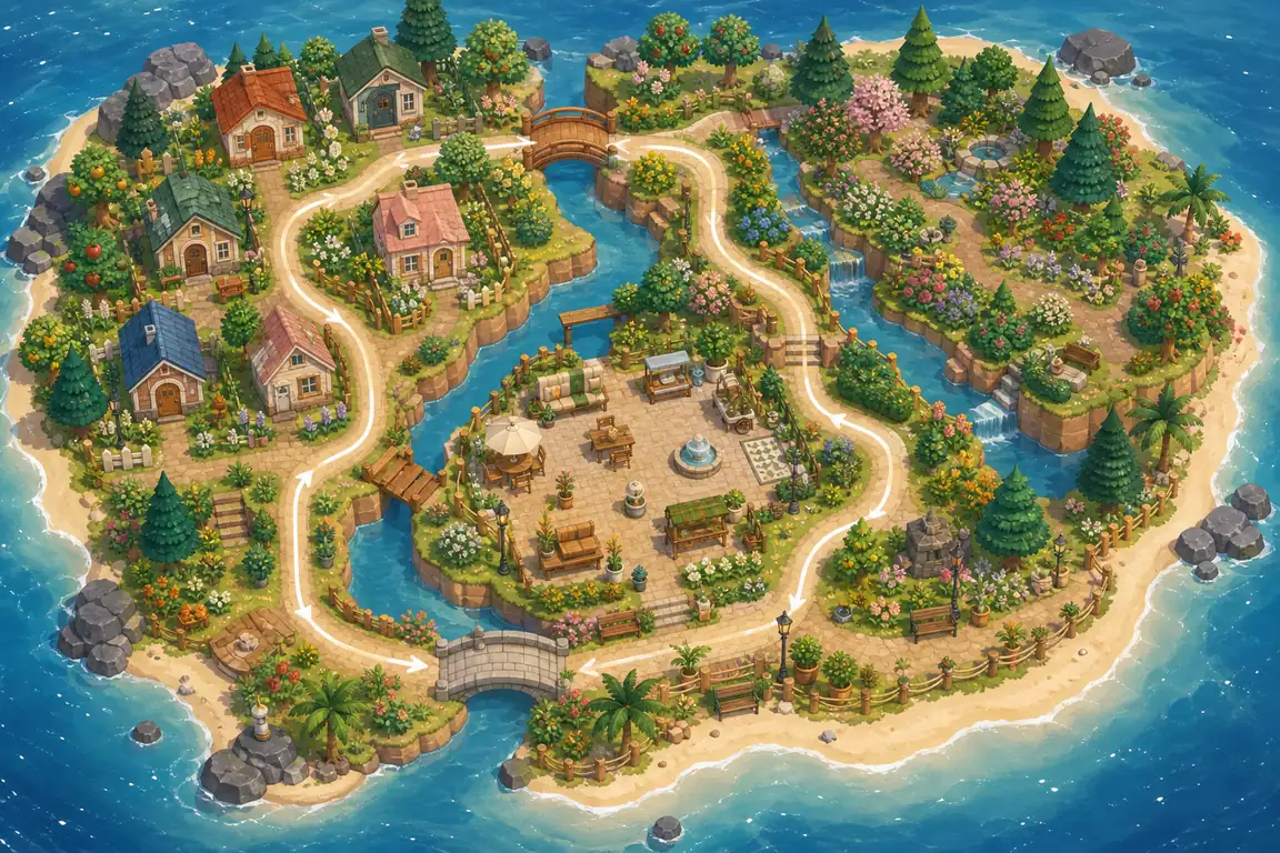Plan conceptual de una isla con un circuito entre casas, naturaleza, muebles y zonas de costa